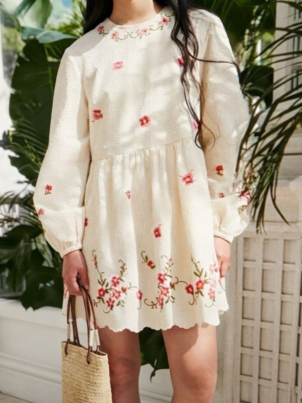 NWT Caroline Constas Embroidered Linen-Blend Long Sleeve Mini Shift Dress Size M